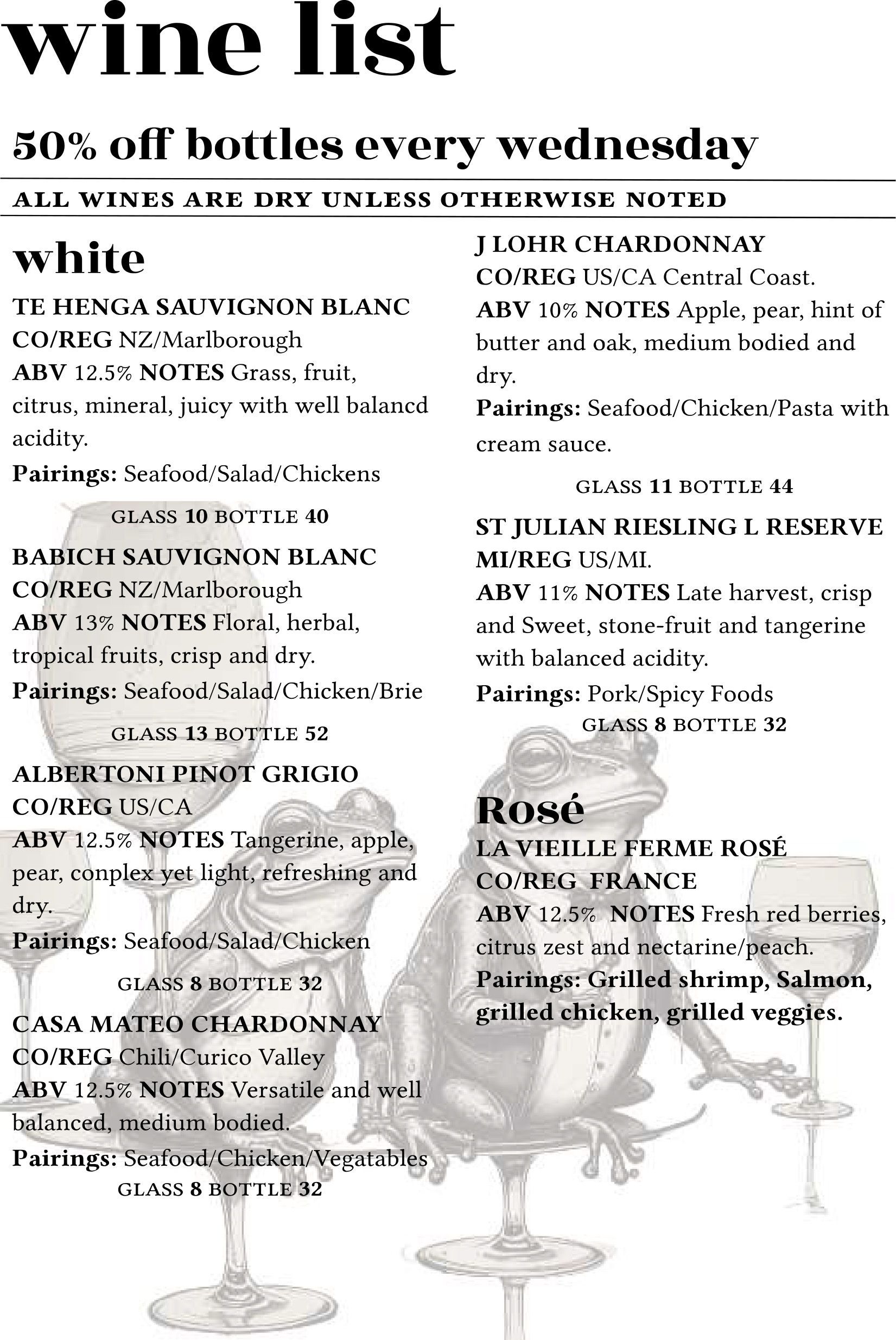 A wine list with a Wednesday bottle discount, featuring drawings of frogs on wine glasses, categorized by white and rosé.