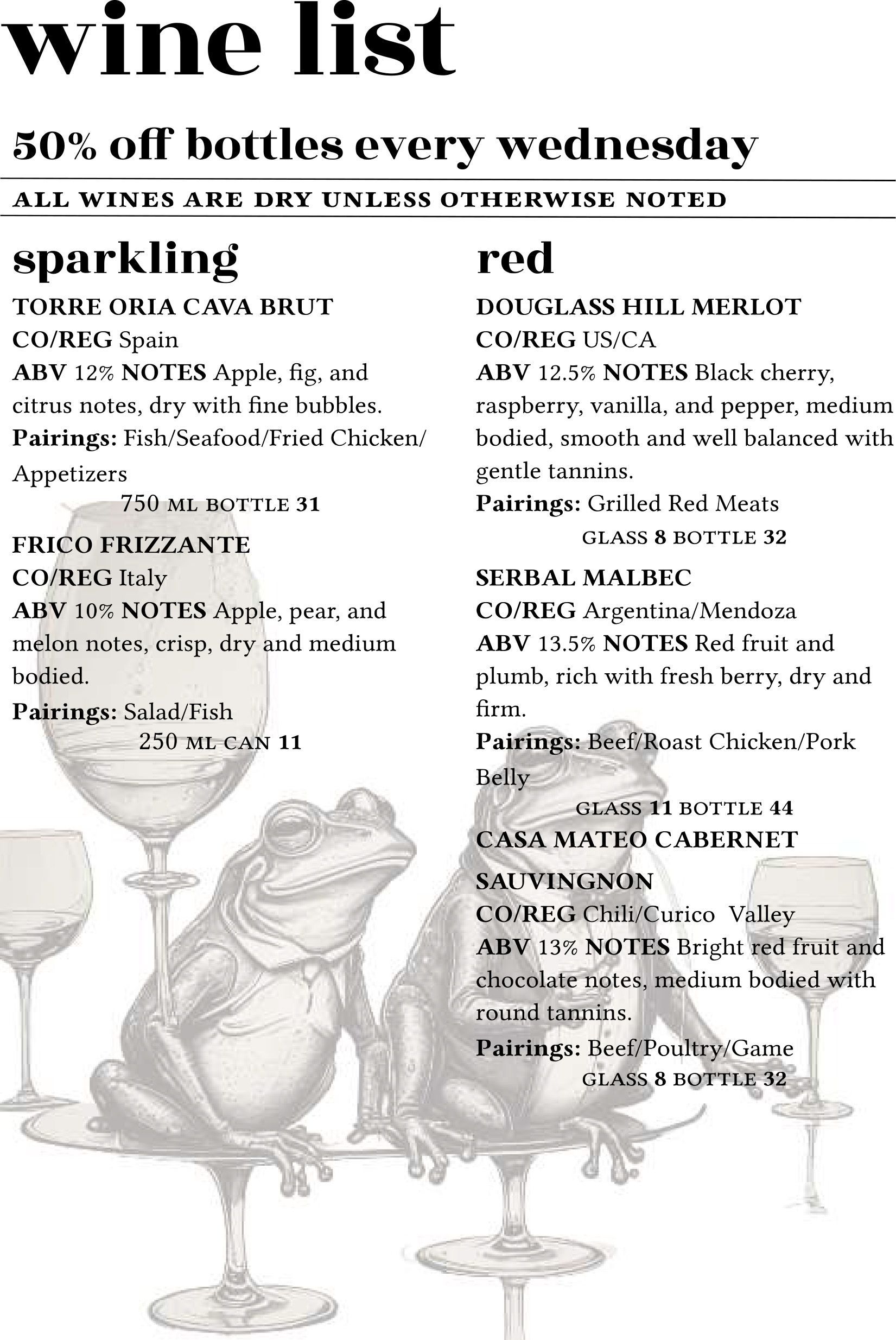 A restaurant wine list featuring sparkling and red wine selections, decorated with two line-art frogs sitting on glasses.