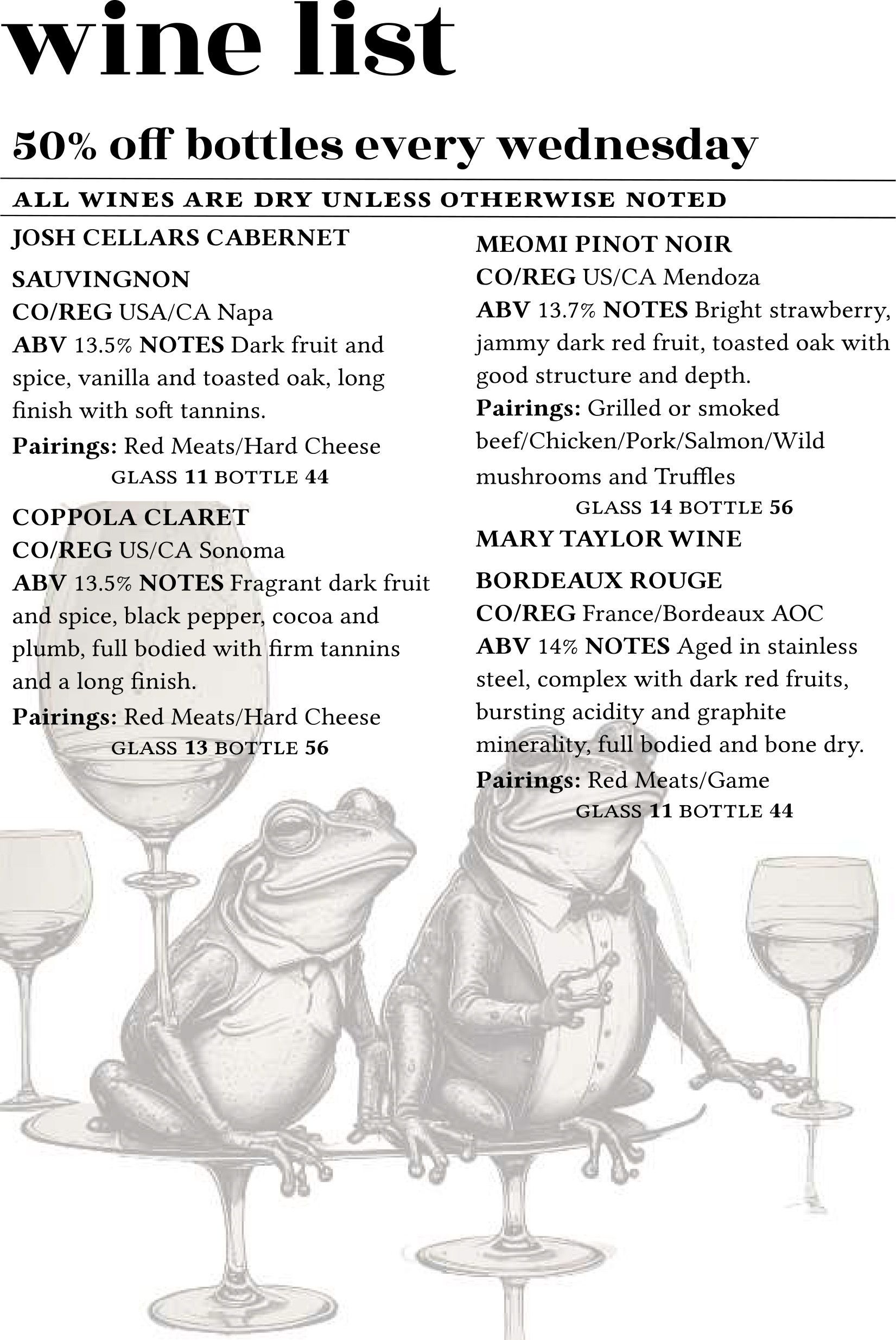 A wine list featuring a 50% discount on Wednesdays, illustrated with two frogs sitting at tables with wine glasses.