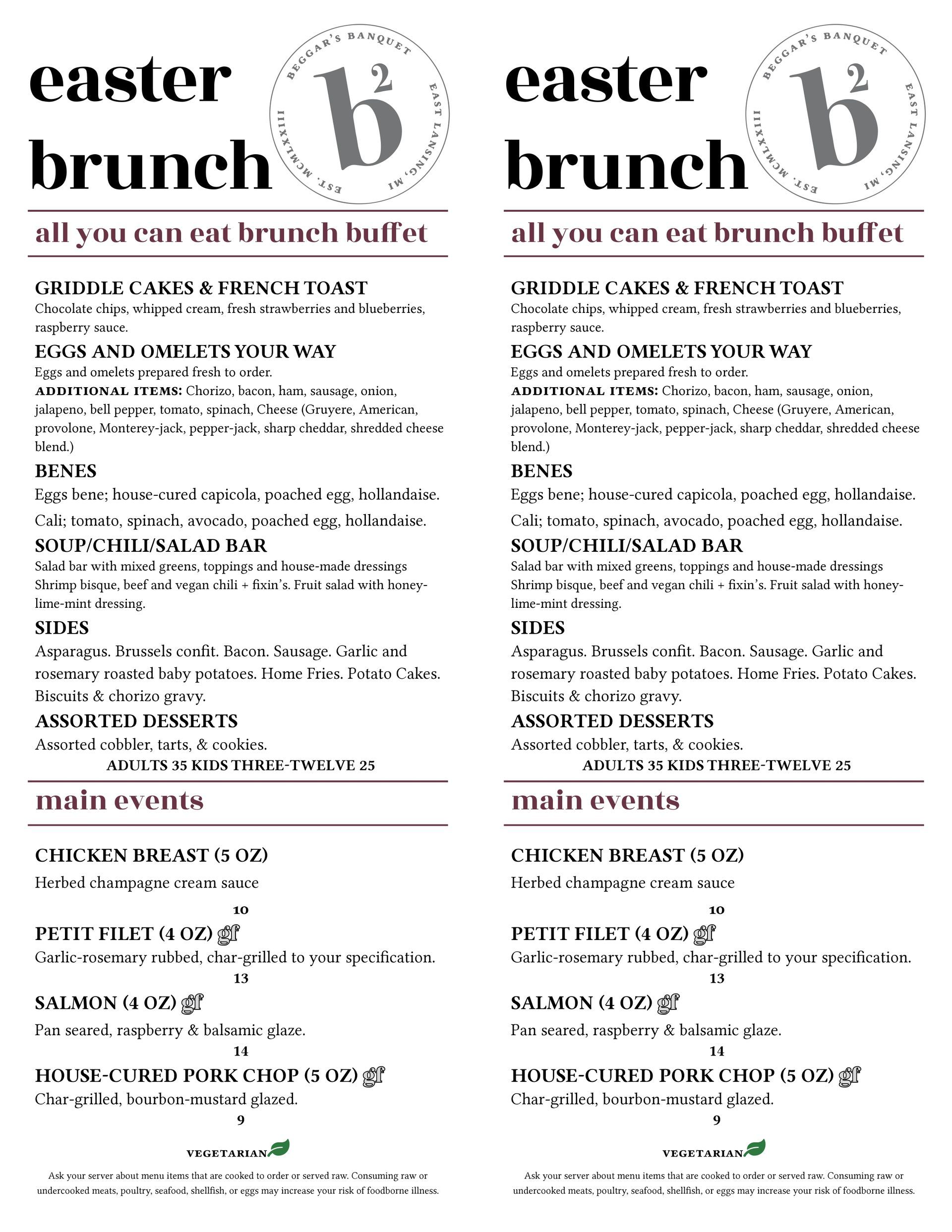 Menu for an Easter brunch buffet featuring a selection of appetizers, sides, desserts, and main entrees.