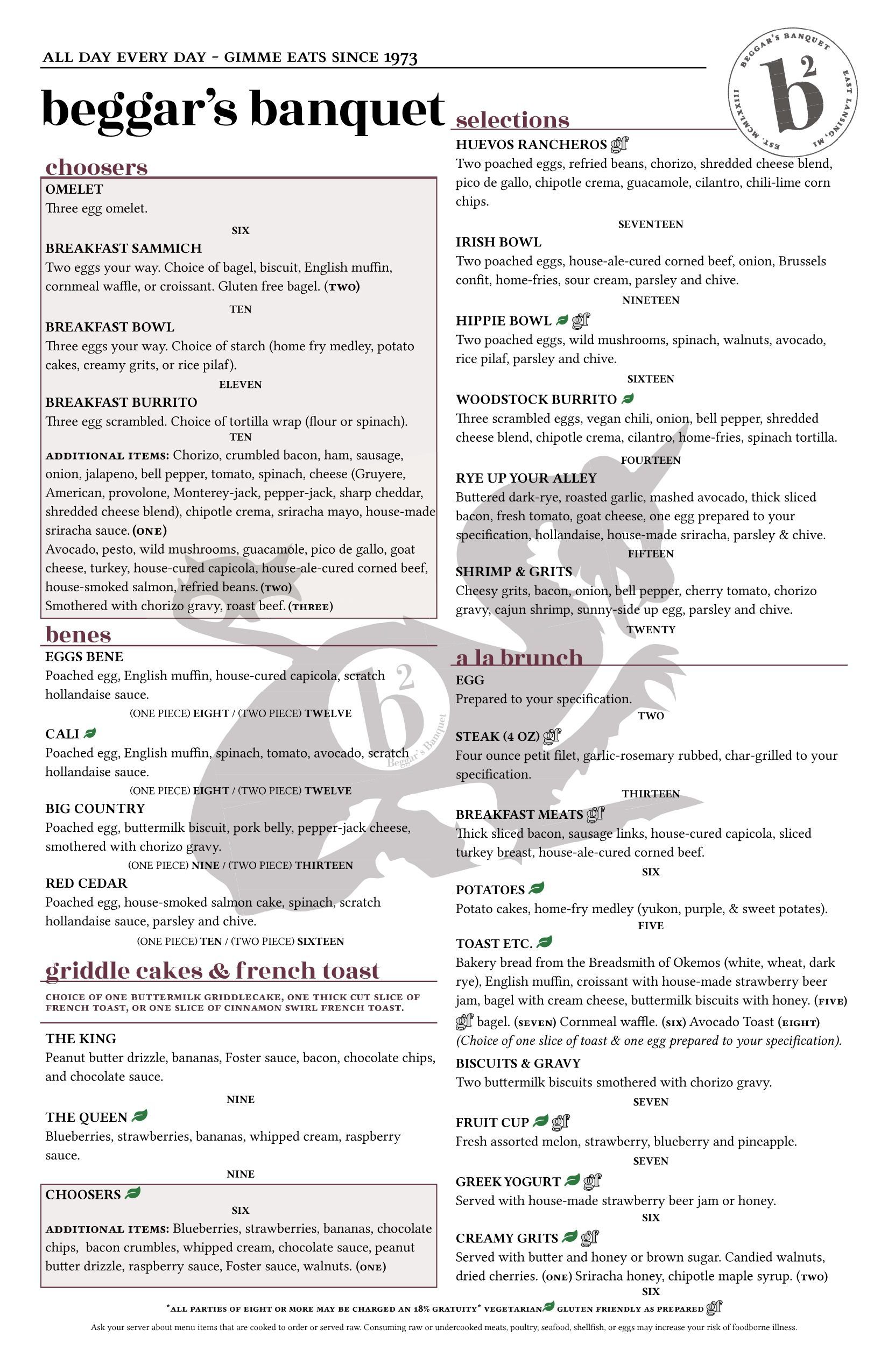 A menu for a restaurant called beggar 's banquet