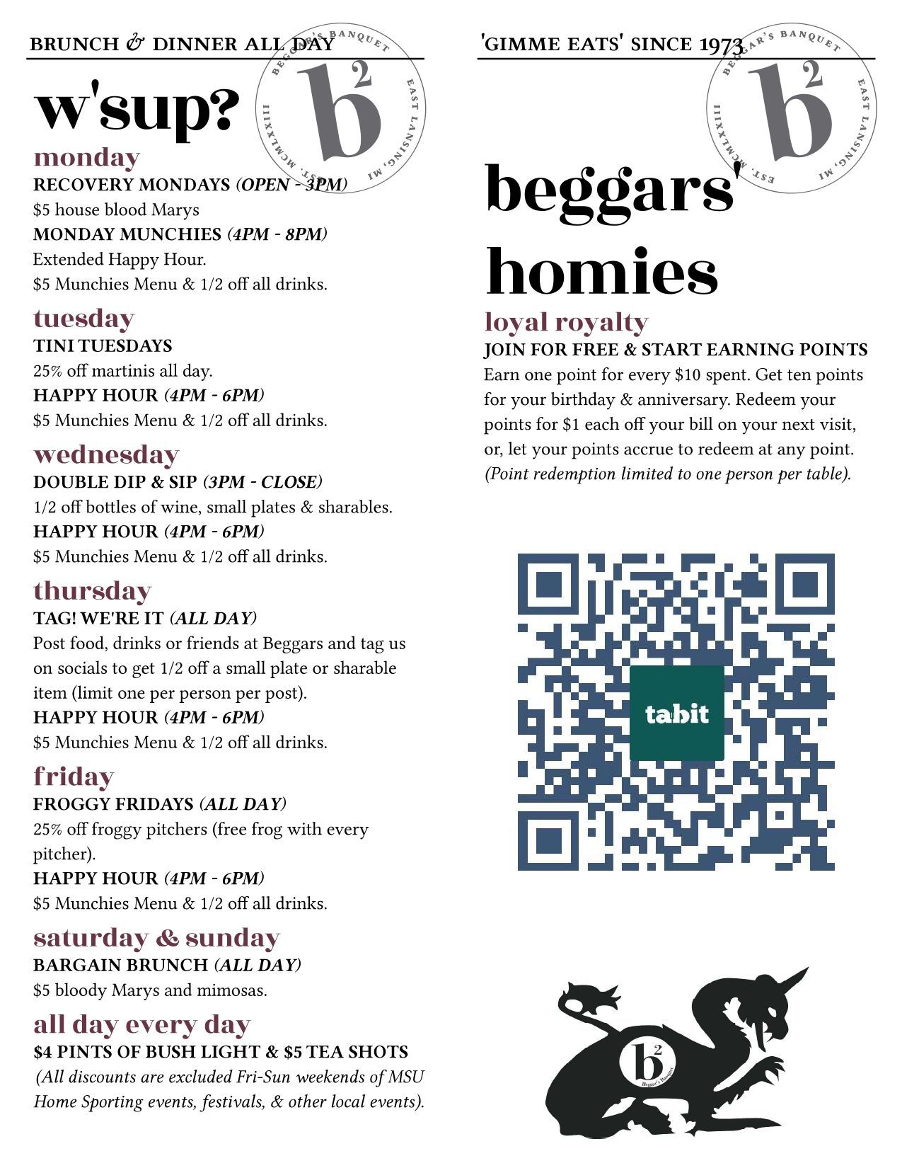 A menu for a restaurant called beggar 's banquet