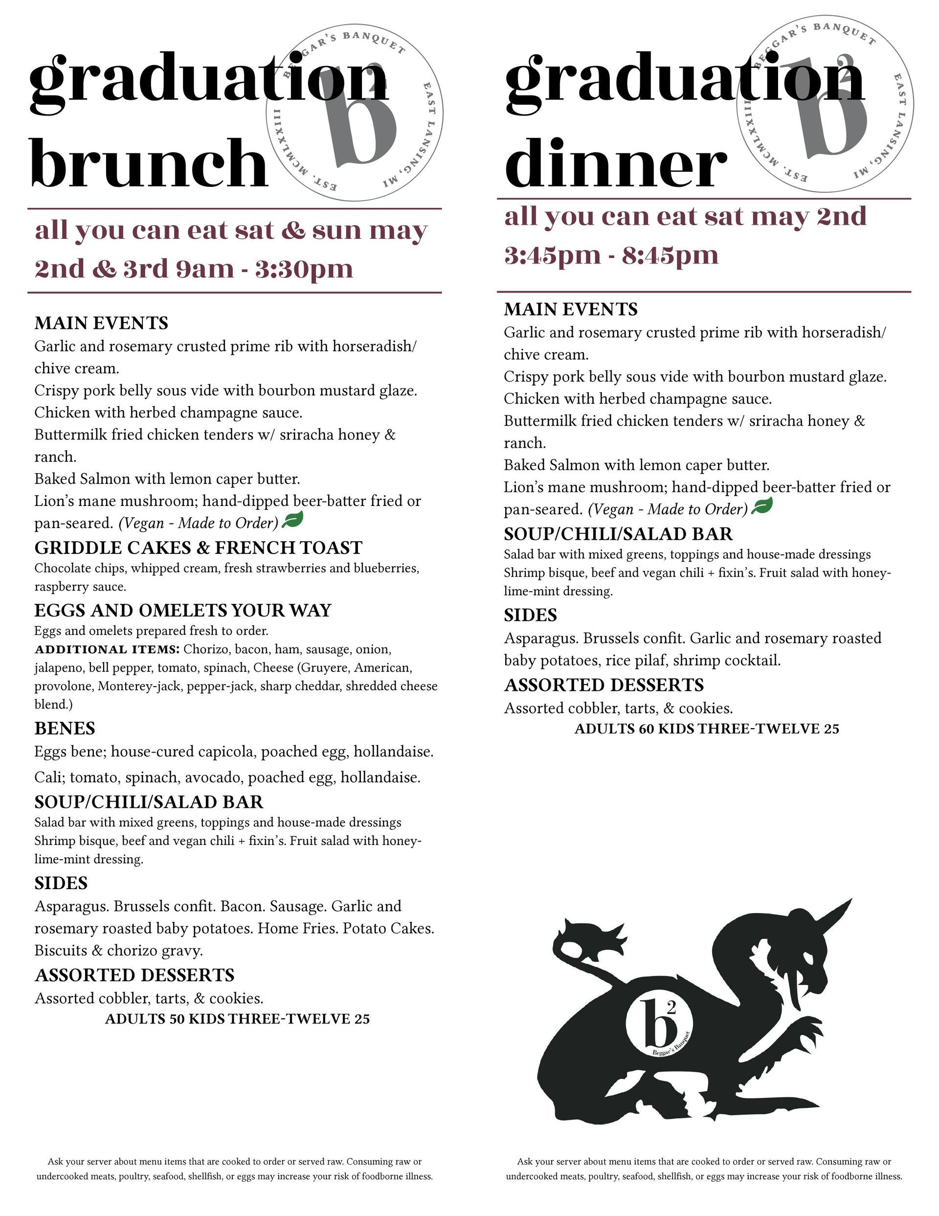 Menu for Graduation Brunch and Graduation Dinner, featuring lists of dishes and service times on a white background.