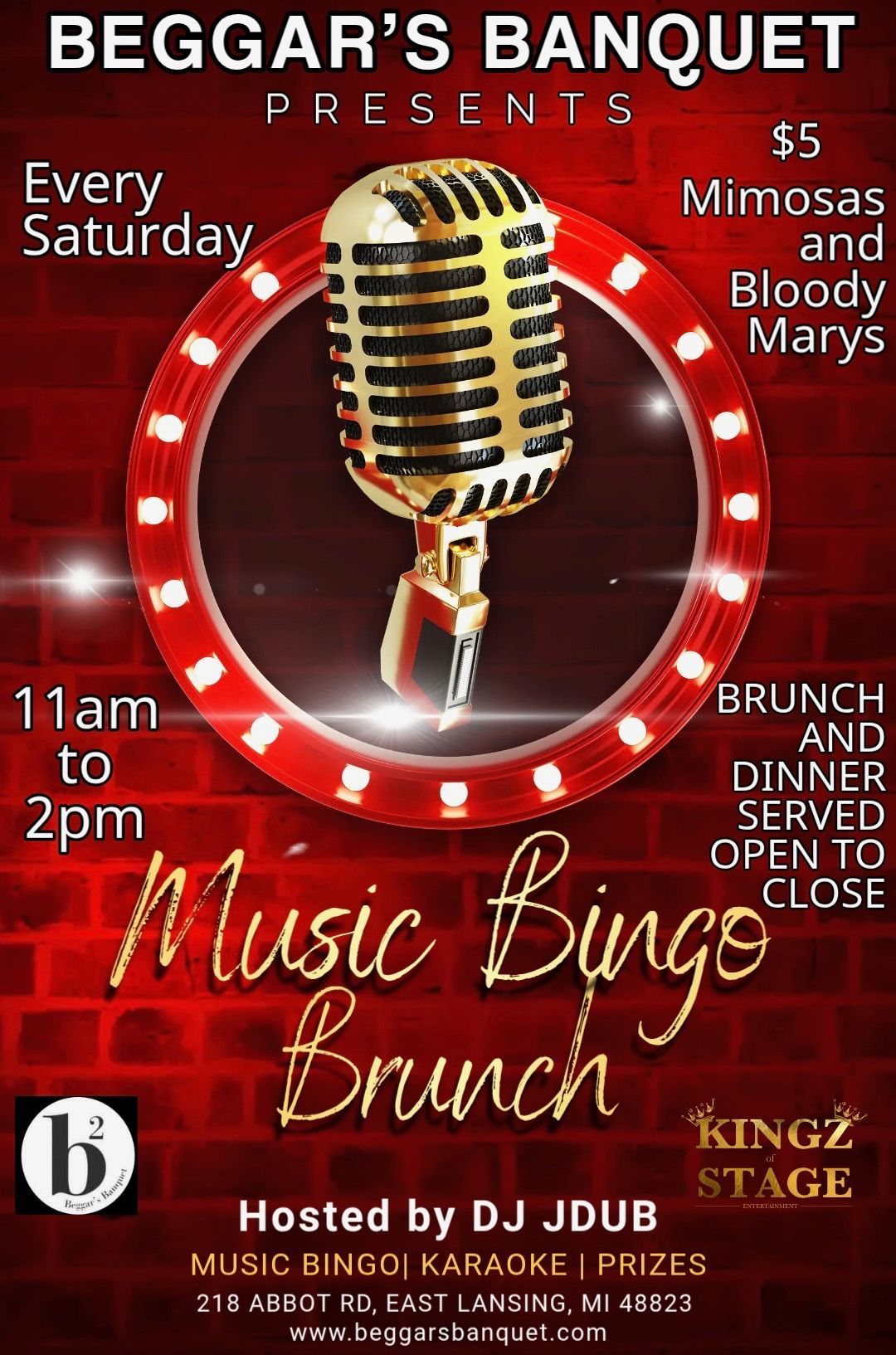 Event poster for Karaoke Saturdays at Beggar's Banquet, East Lansing, featuring DJ JDub, drink specials, and time details.