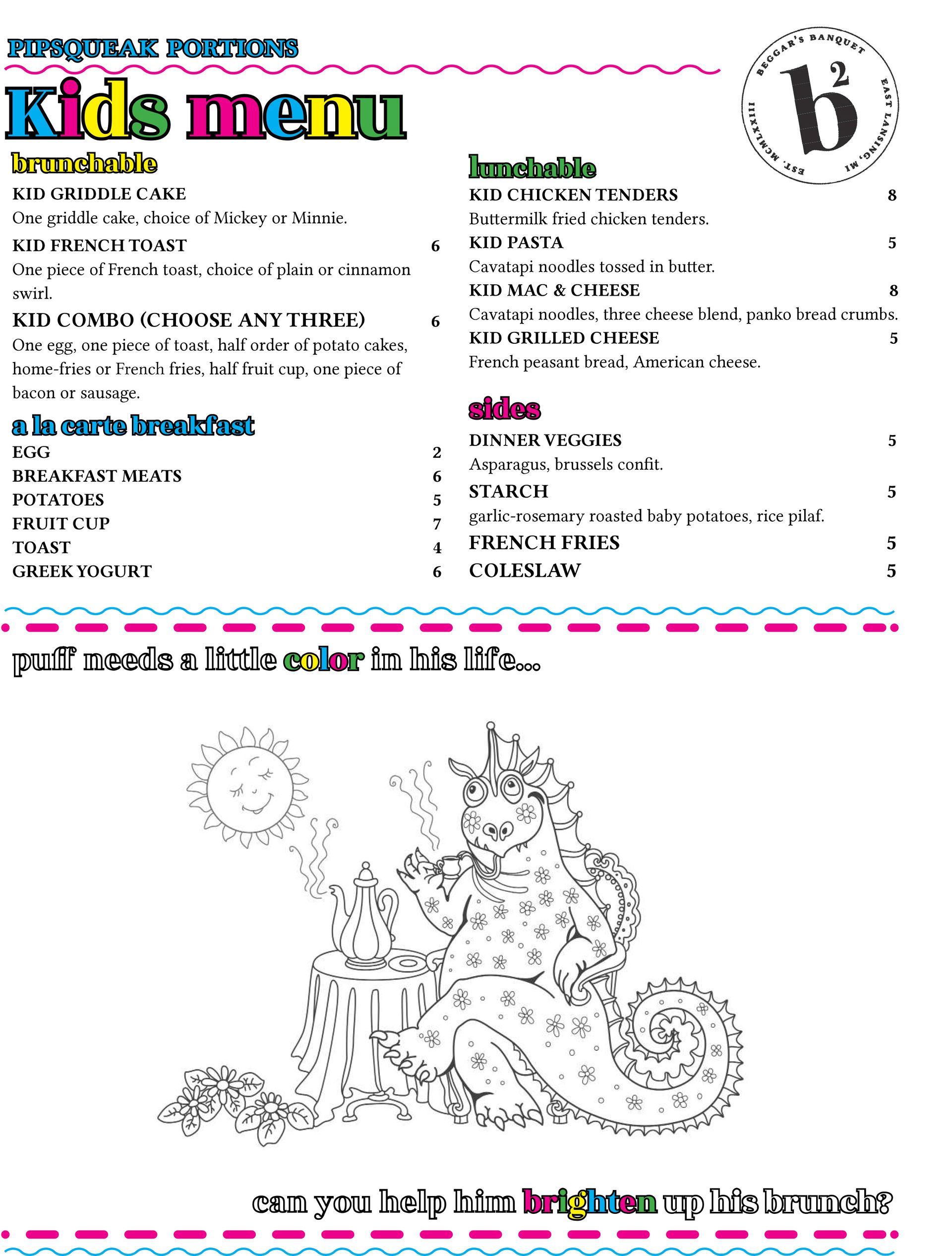 A kids menu with a drawing of a bear on it.