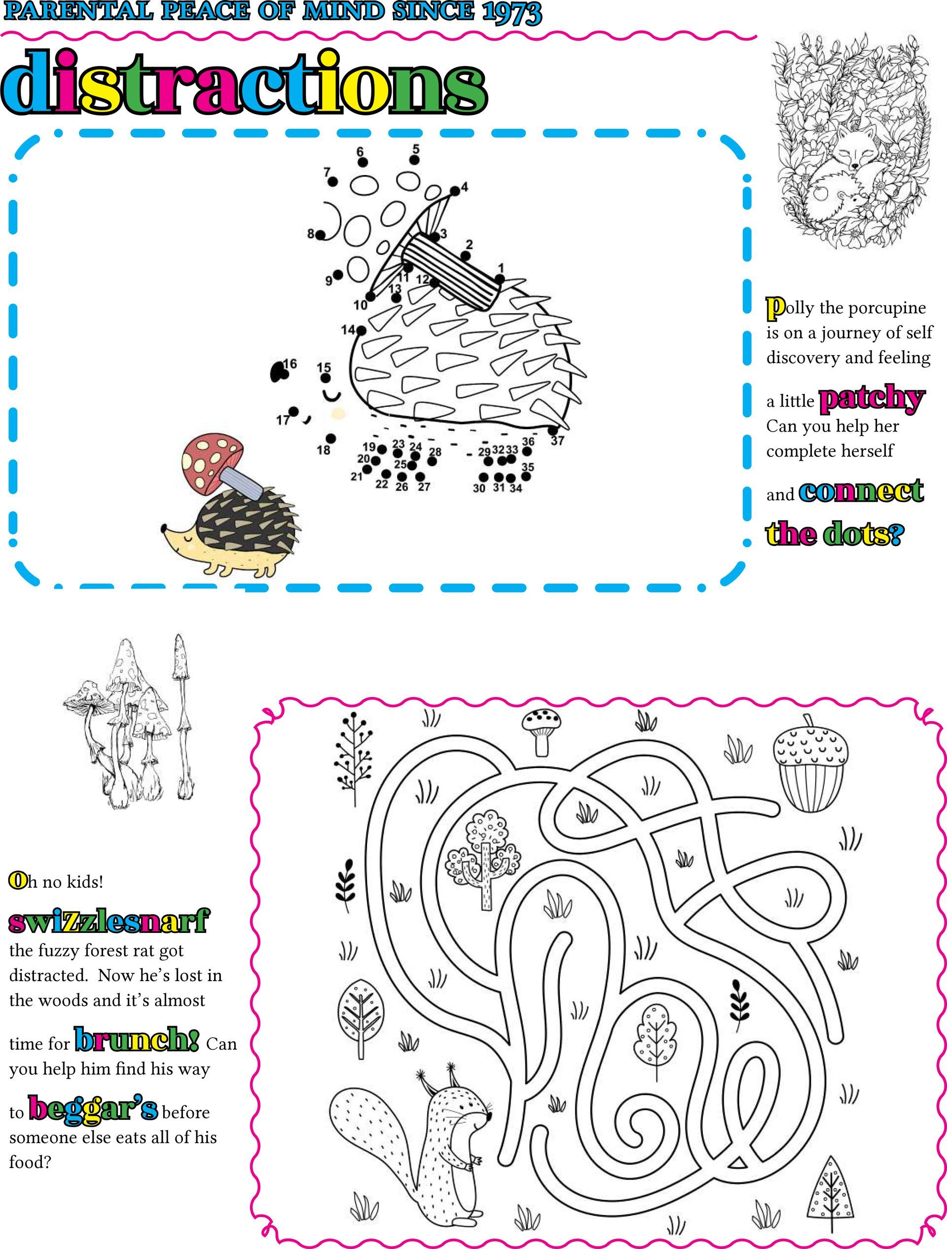 A black and white drawing of a hedgehog eating a banana and a maze.