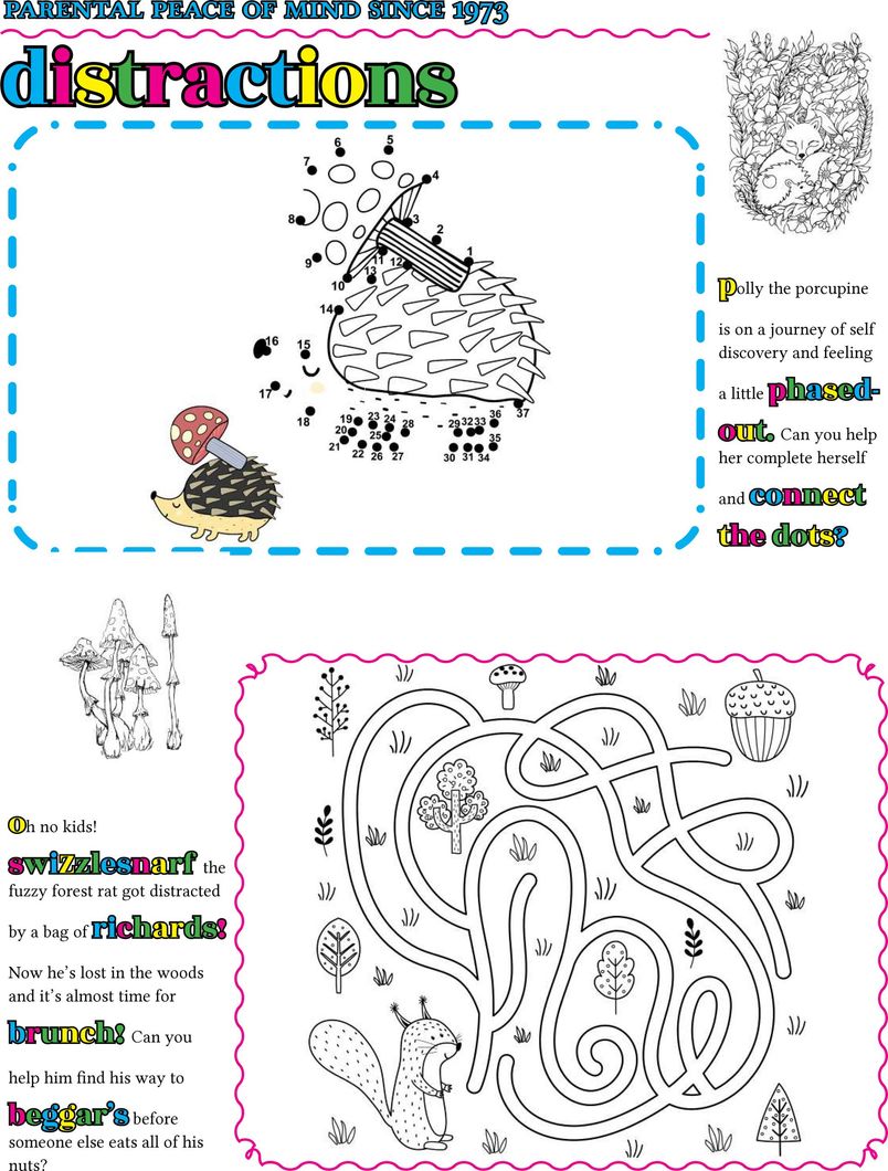 A black and white drawing of a hedgehog eating a banana and a maze.