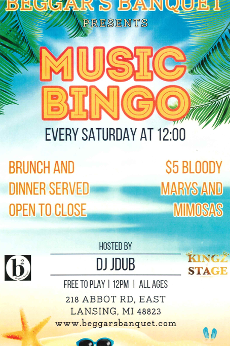 Event poster for Karaoke Saturdays at Beggar's Banquet, East Lansing, featuring DJ JDub, drink specials, and time details.