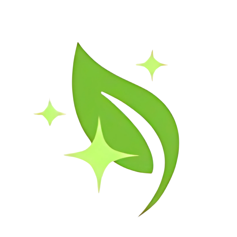 A green leaf with two stars around it on a white background.