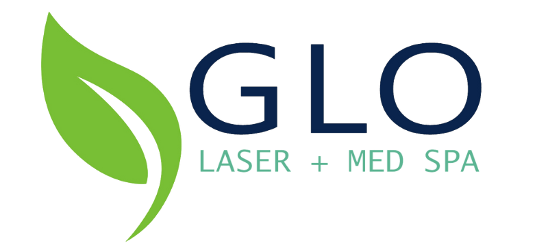 The logo for glo laser and med spa has a green leaf on it.