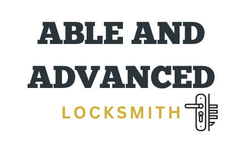 Logo for "Able and Advanced Locksmith" with text and a graphic of a door handle and lock.