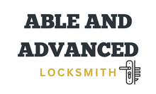 Logo for "Able and Advanced Locksmith" with text and a graphic of a door handle and lock.