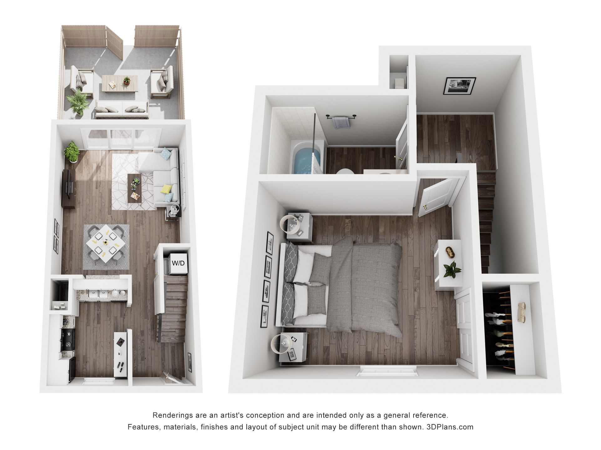 Two-story floor plan: kitchen, living room, dining area, bedroom with en-suite bathroom, walk-in closet.
