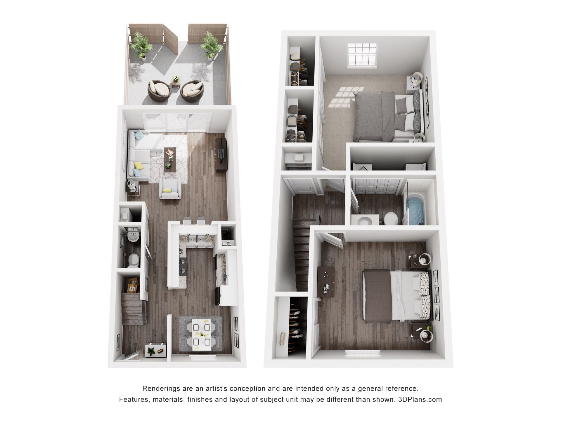 Floor plan of a two-story townhome with bedrooms, kitchen, living area, and outdoor balcony.