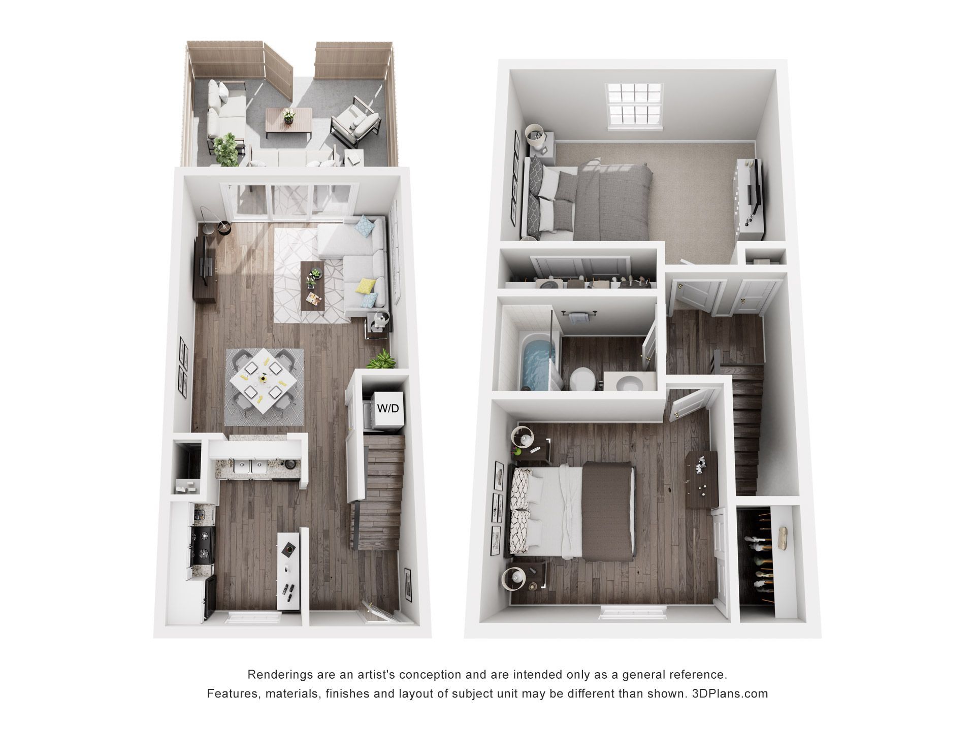 Two-story apartment floor plan with living areas, kitchen, dining, and two bedrooms.