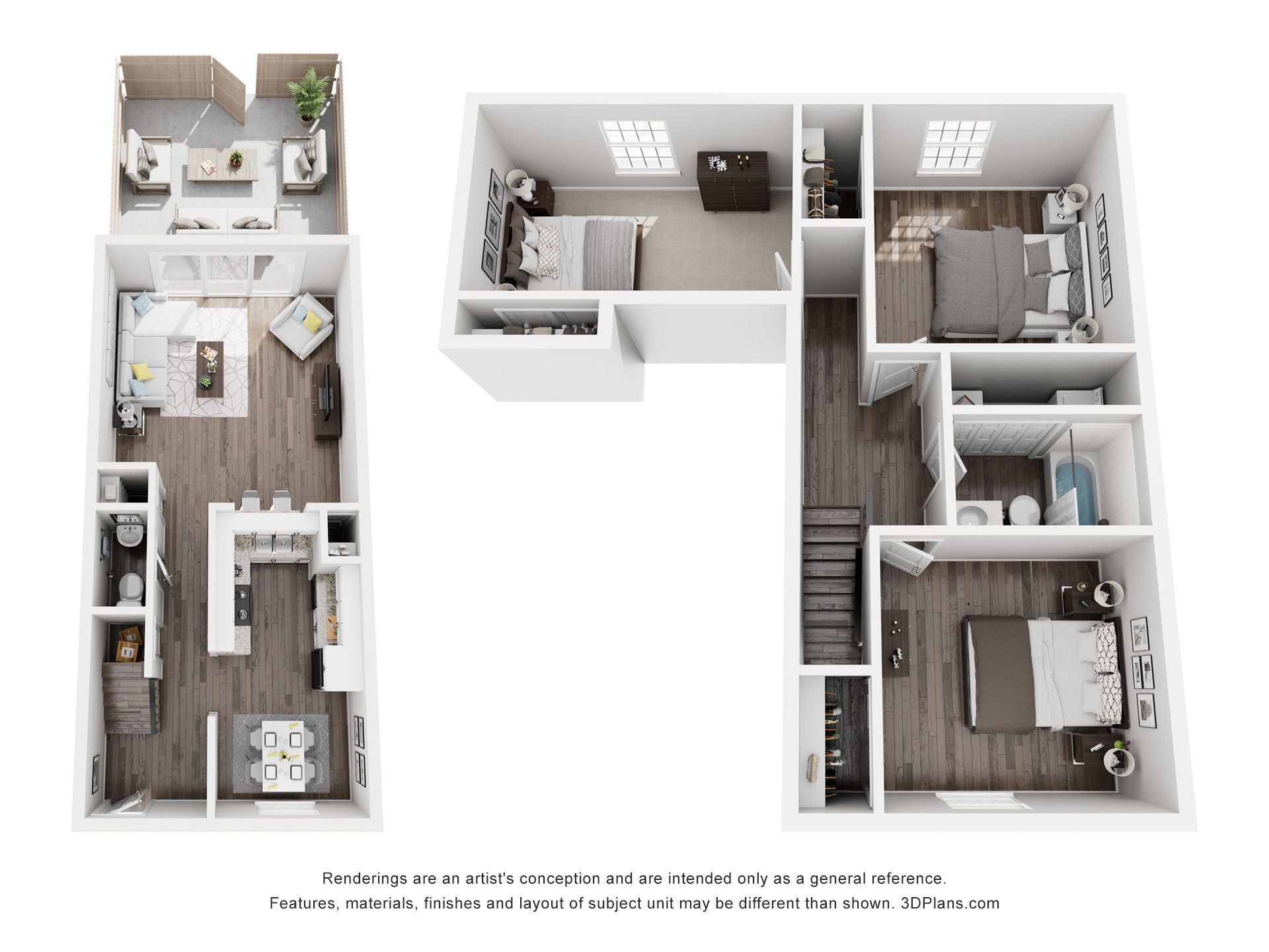 Floor plan of a multi-level apartment; includes kitchen, living area, and bedrooms.
