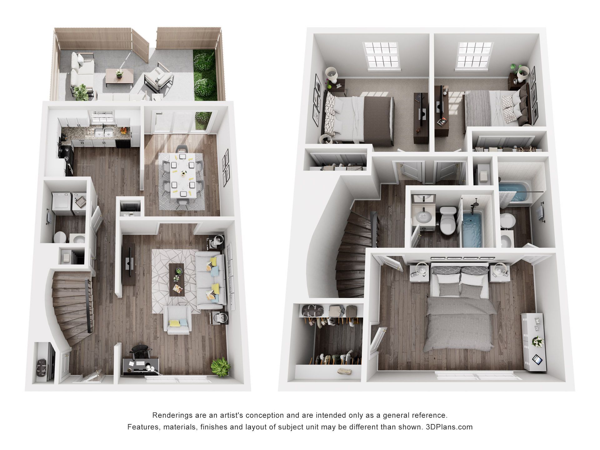 Two-story floor plan, featuring kitchen, living room, dining area, bedrooms, and bathrooms.