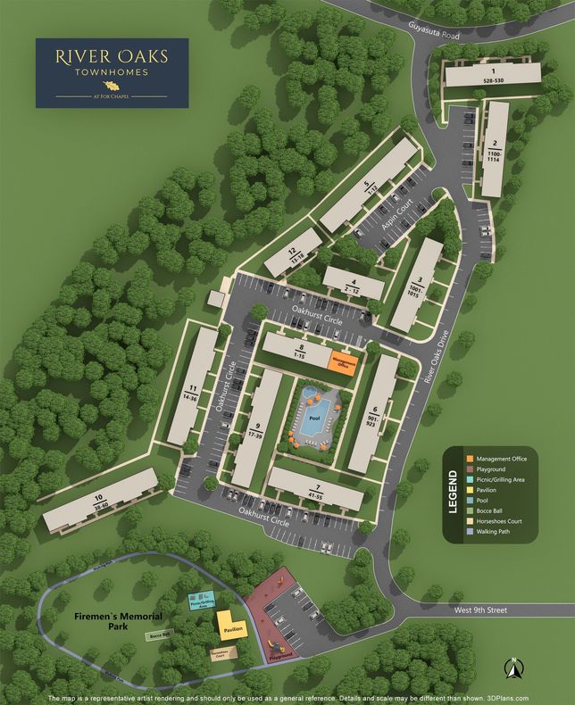 Overhead map of Oak Creek apartments with buildings, parking, and a playground.