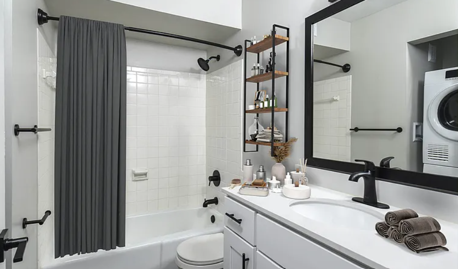 Full Bathroom with mirror, updated towel bars, fixtures, modern faucets, large mirror 