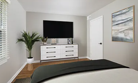 Bedroom with a bed, dressers, window, TV, and a plant. Neutral walls and wood floors.