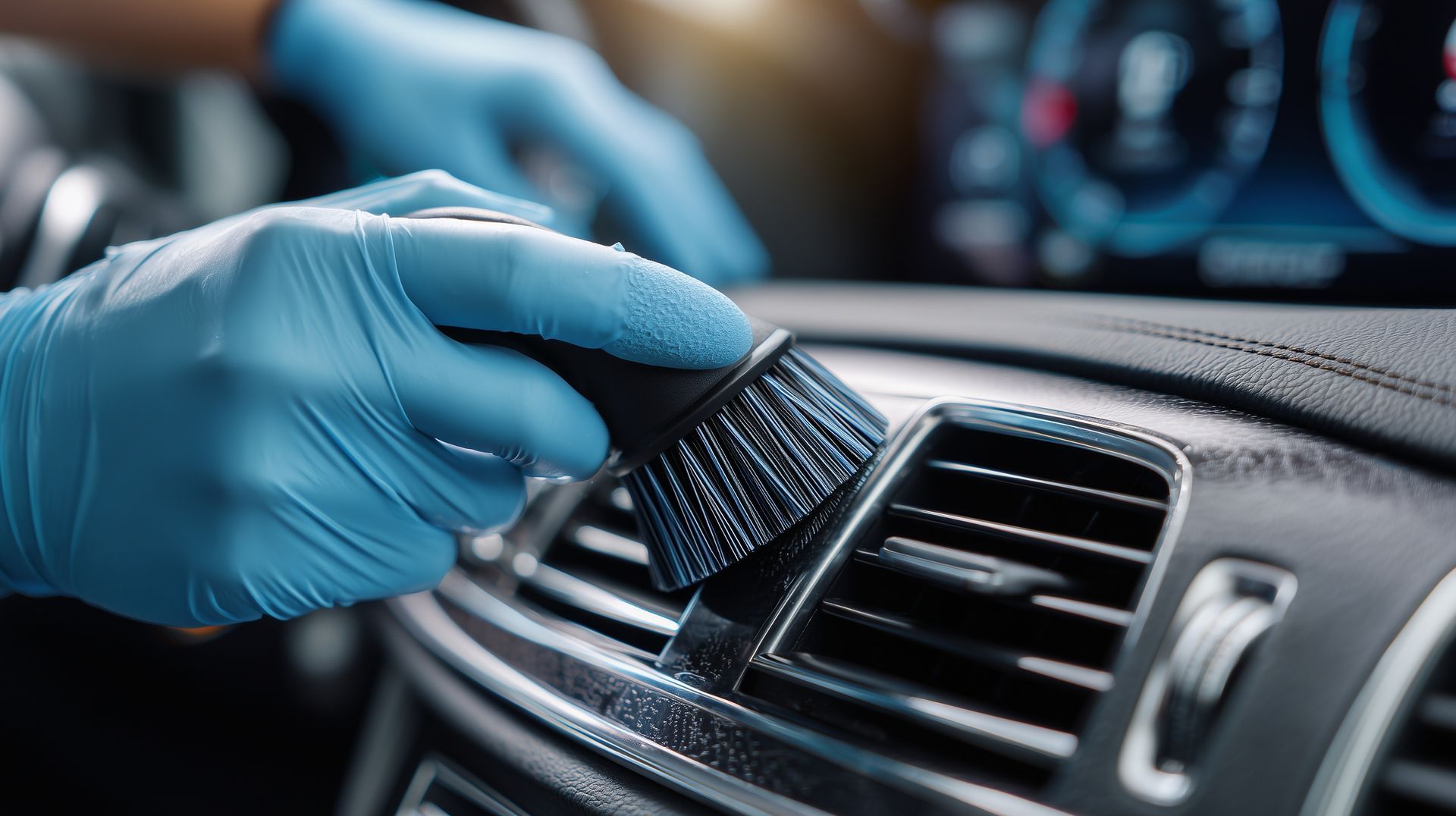 Gloved hand dusting a car dashboard air vent with a brush