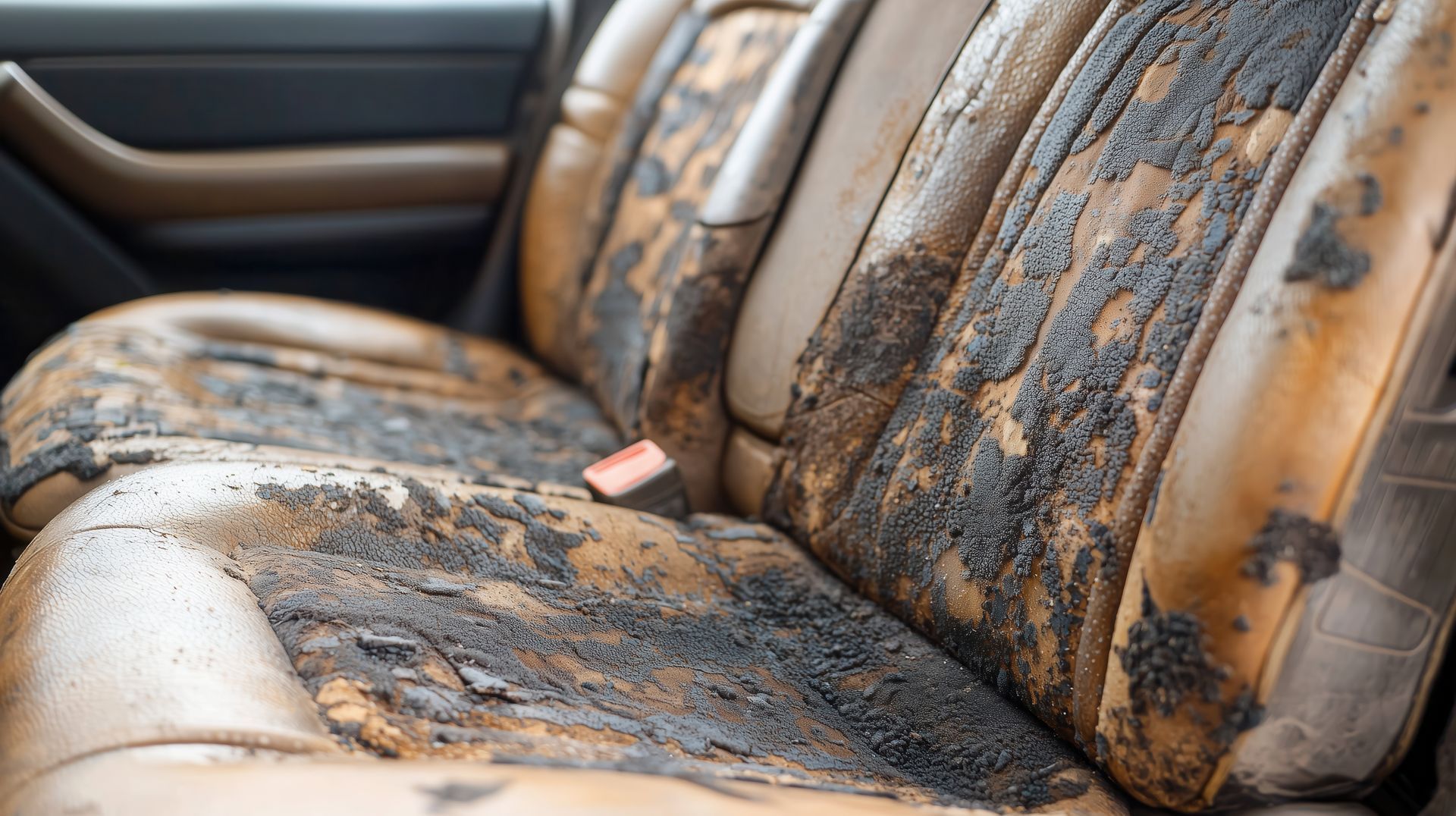 Fire-damaged car seats with charred, melted upholstery inside a vehicle