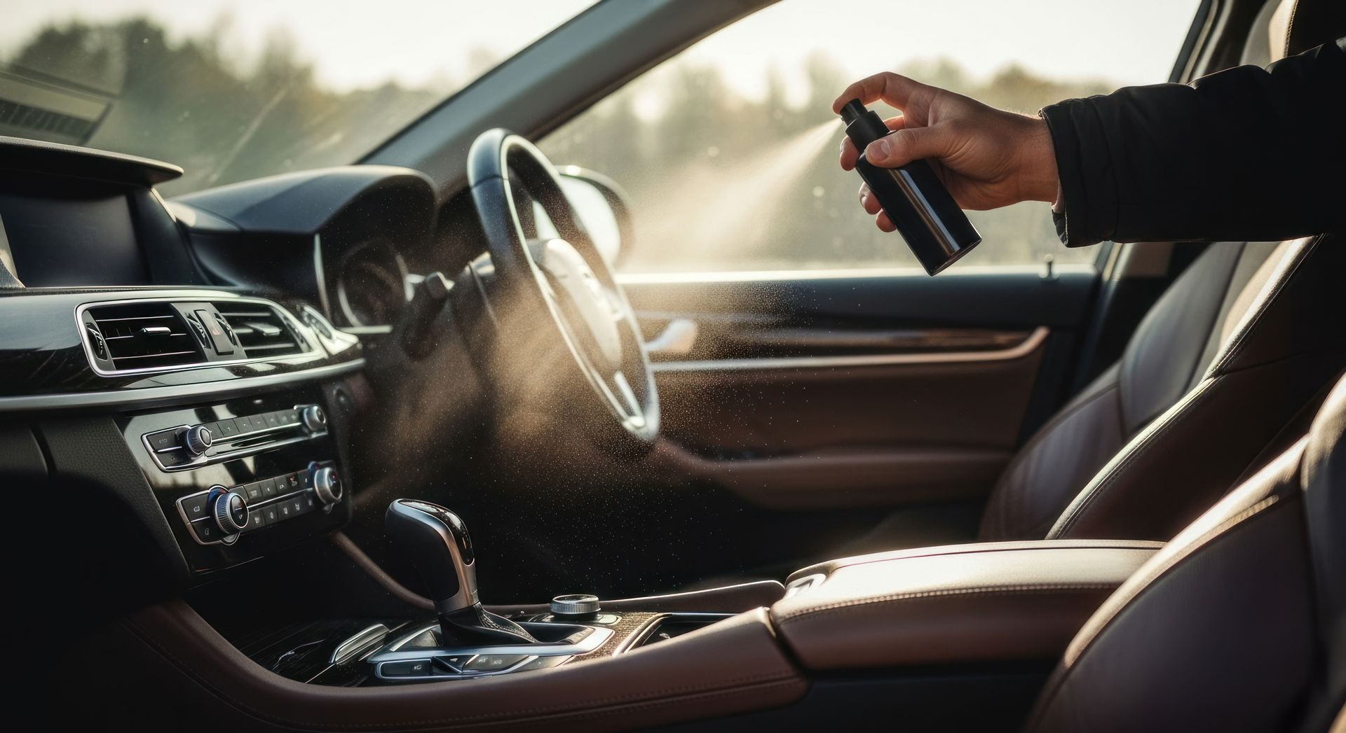 Person spraying cleaner on a car’s steering wheel and dashboard interior