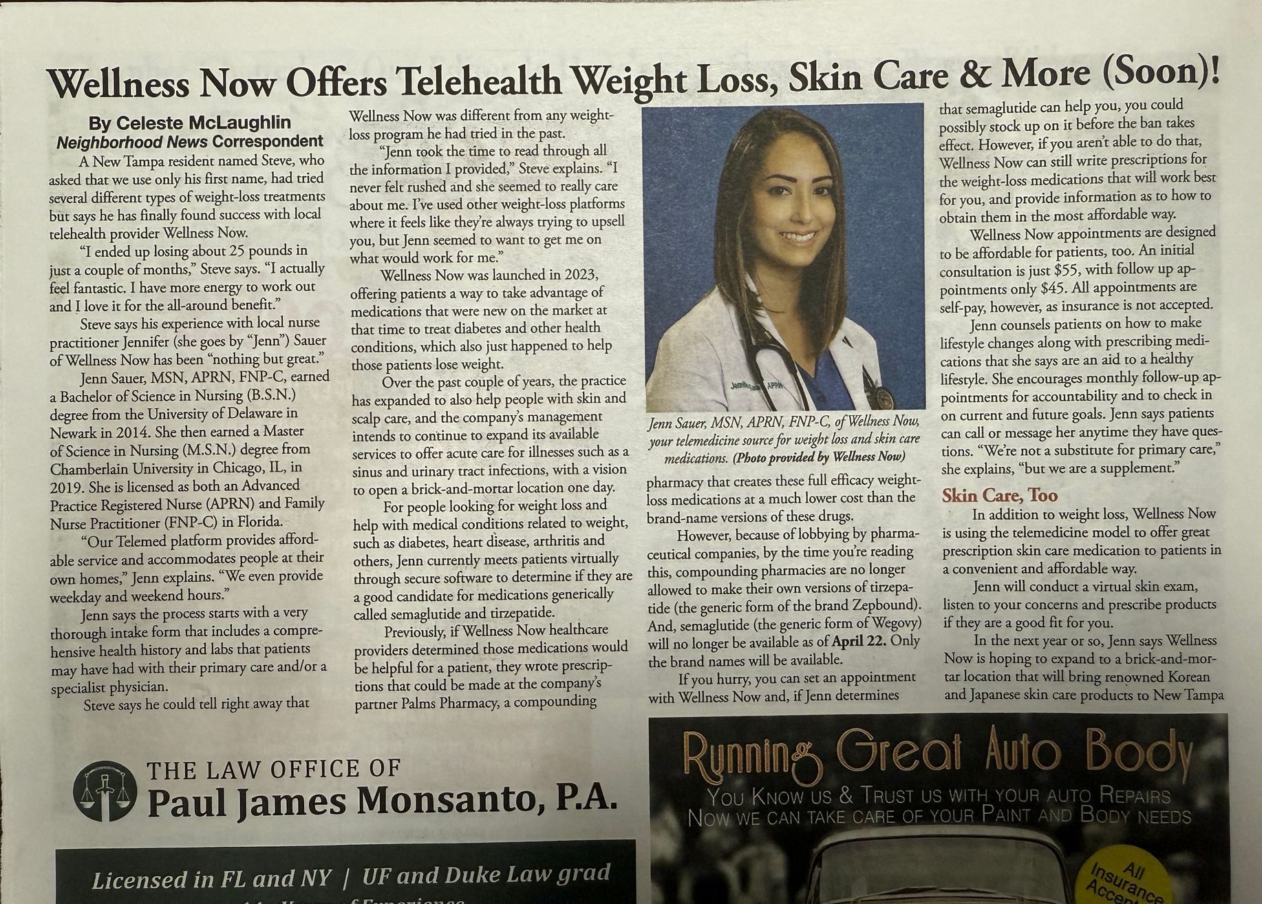 An advertisement for a wellness clinic, featuring a picture of a woman with a stethoscope.