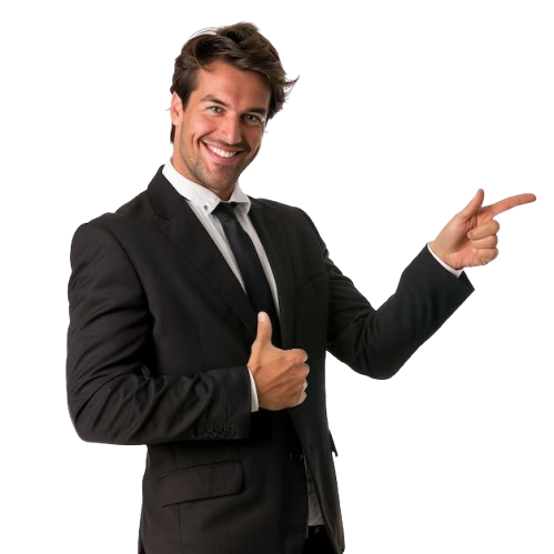 Man in suit points right, gives thumbs up, smiling.