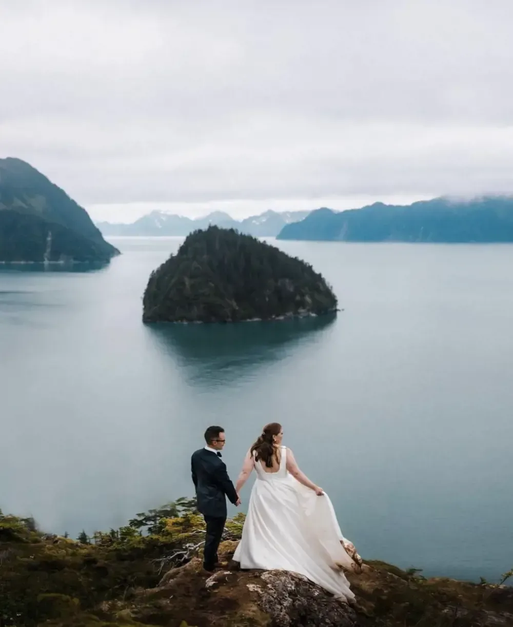 A bride and groom are standing on top of a hill overlooking a lake.