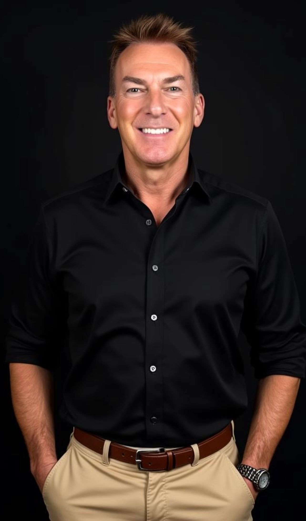 Man in zwart overhemd en kaki broek glimlacht, handen in de zakken, tegen een zwarte achtergrond.