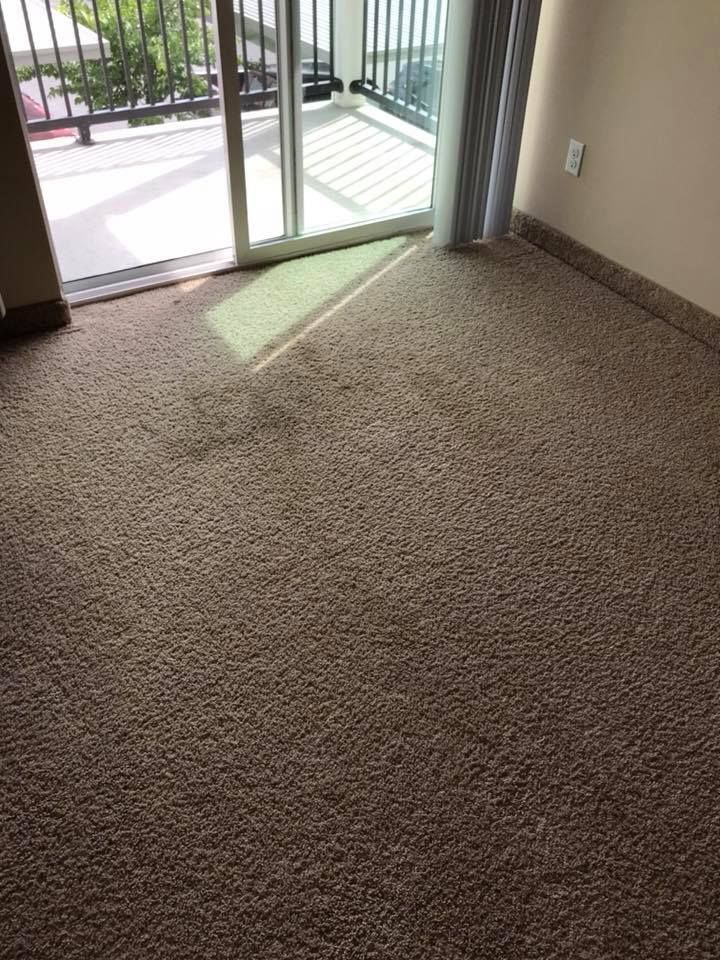 A room with a carpeted floor and a sliding glass door leading to a balcony.