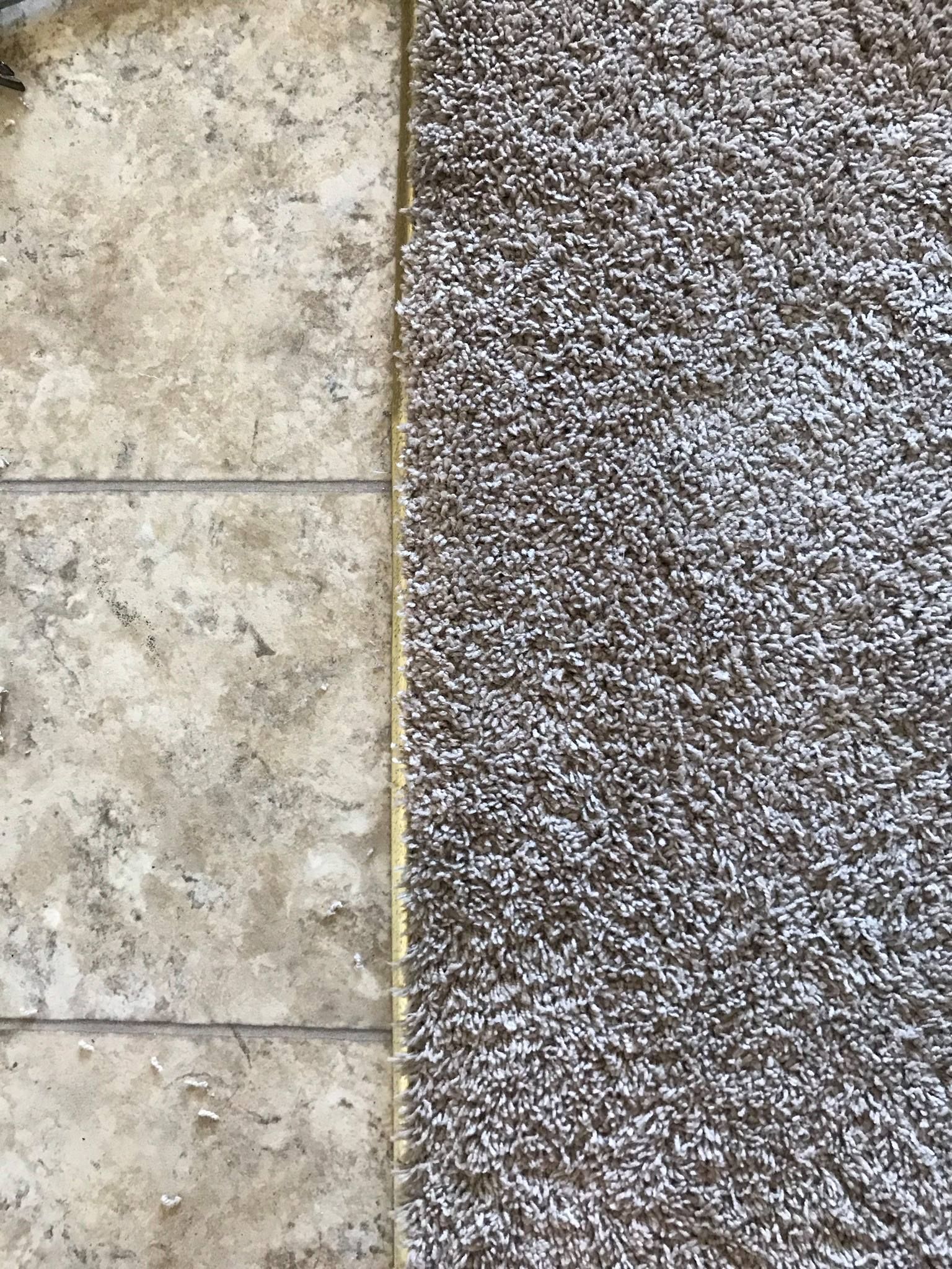 A close up of a tile floor next to a carpet.