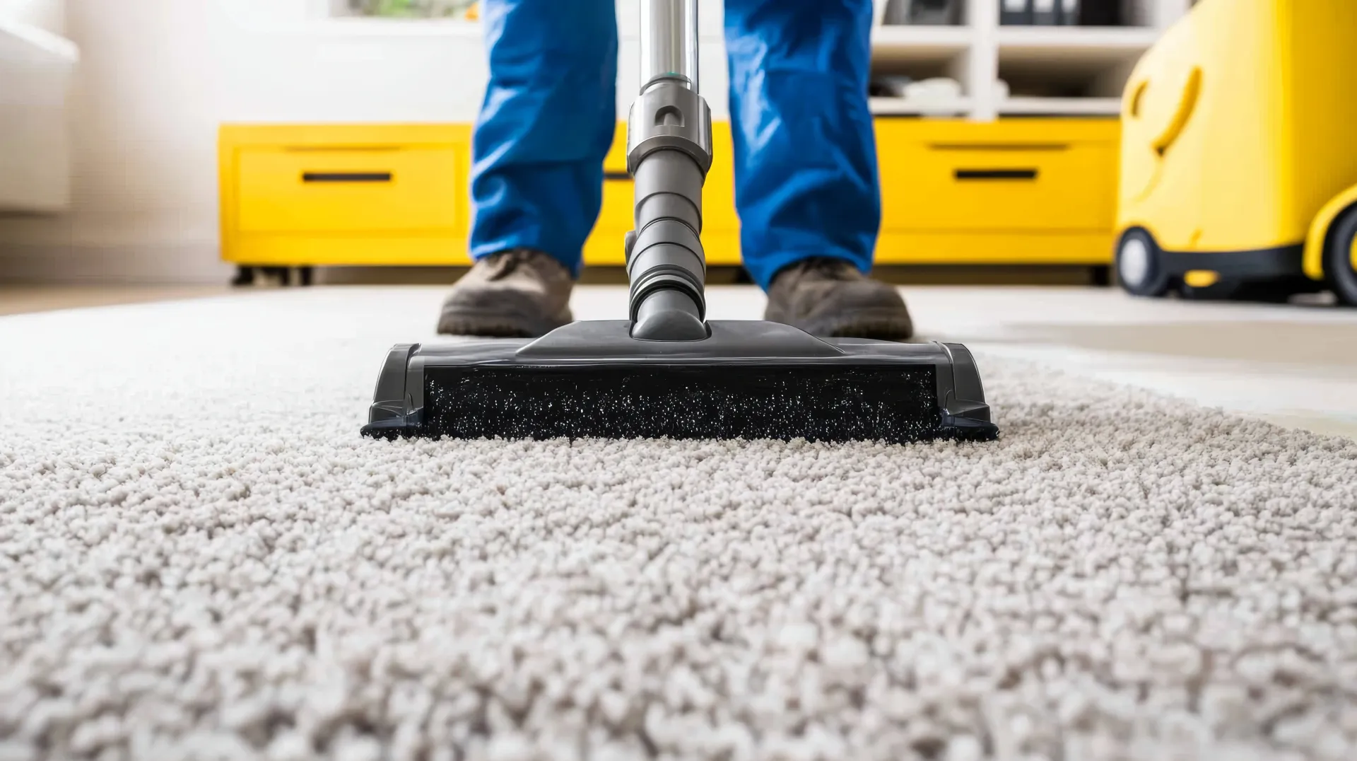 A man is using a vacuum cleaner to clean a carpet.
