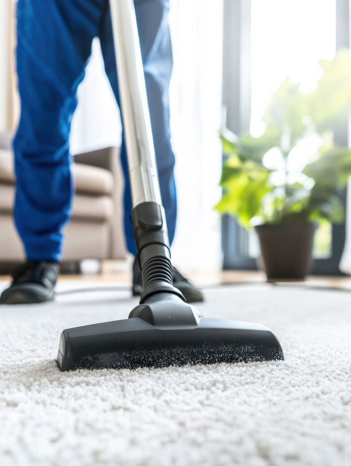 A man is using a vacuum cleaner to clean a carpet in a living room.