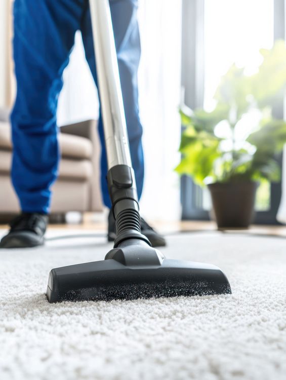 A man is using a vacuum cleaner to clean a carpet in a living room.