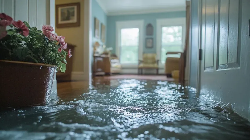 A flooded hallway in a house with water coming out of the door.