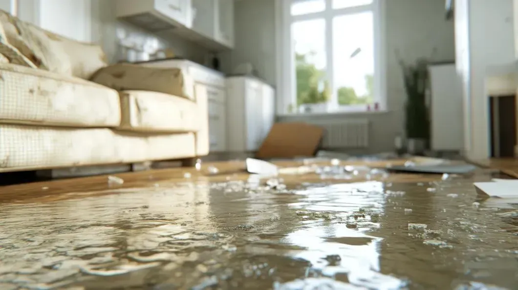 A living room with a flooded floor and a couch.