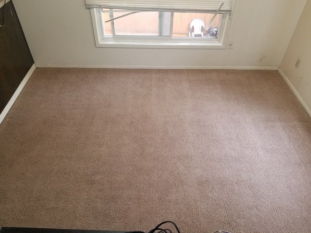 A room with a carpeted floor and a window.