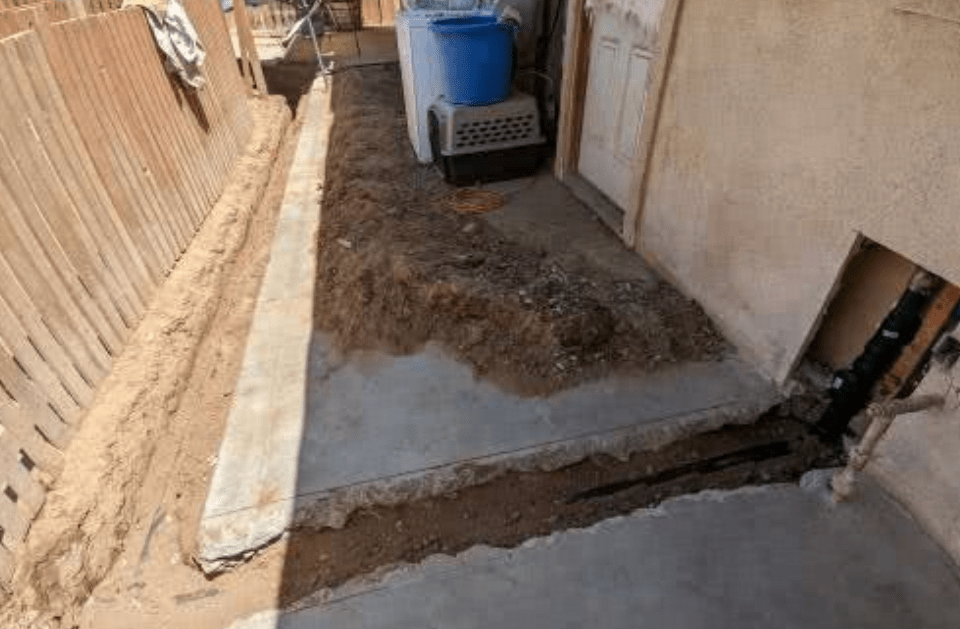 A dog cage is sitting on the side of a building next to a concrete walkway.