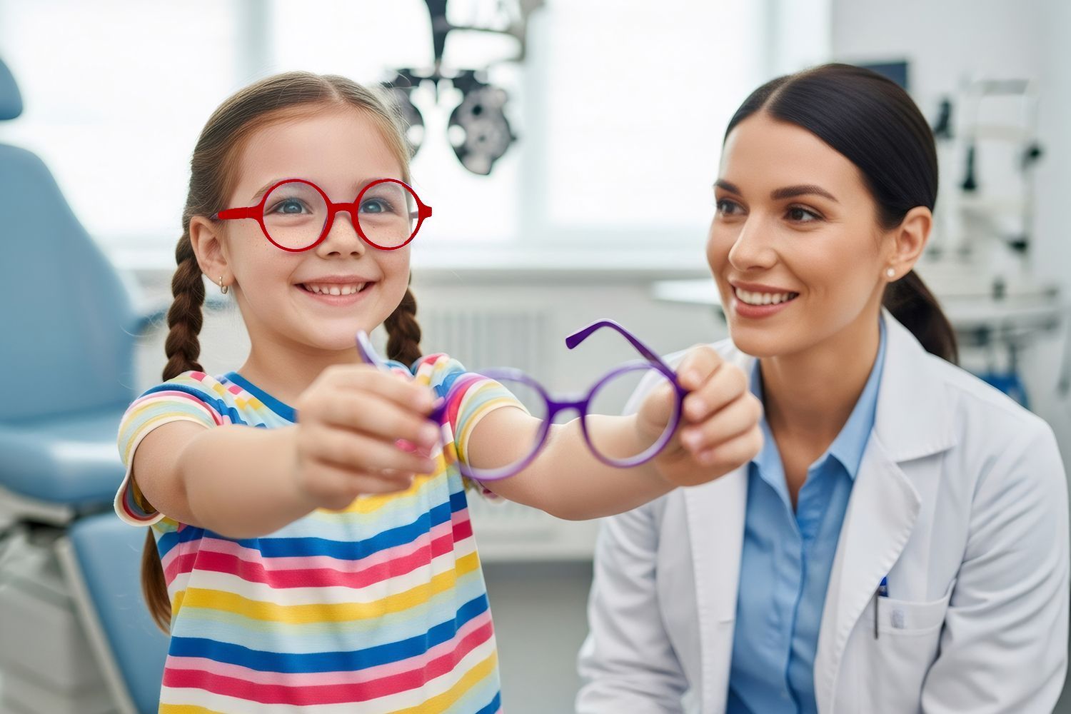 A female pediatrician places a red pair of glasses on a young child.