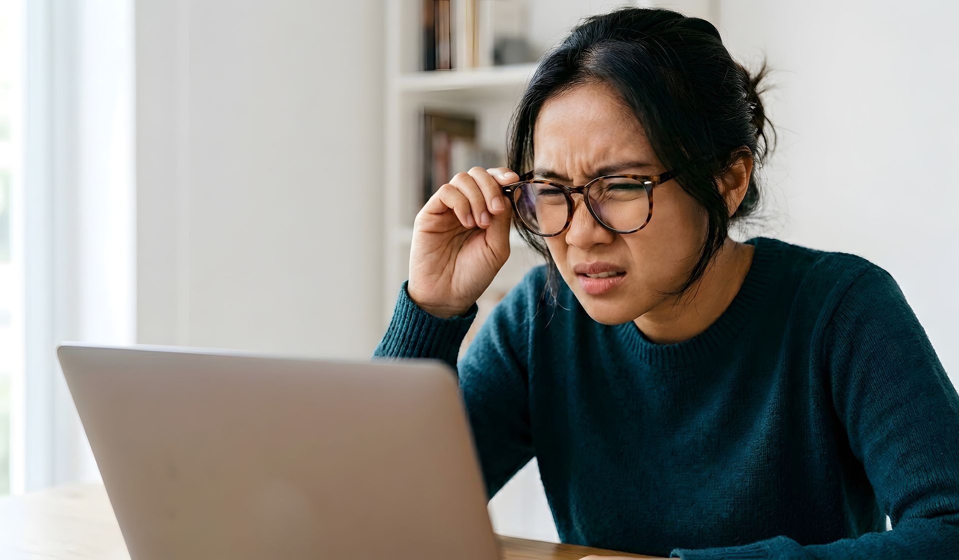 Person squinting at a laptop screen and adjusting glasses while working indoors