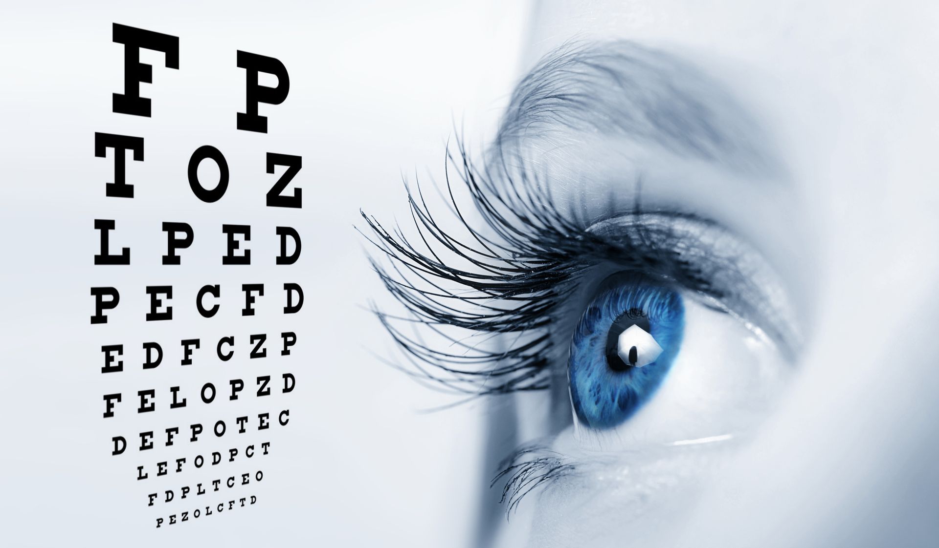 Close-up of a human eye and vision testing chart used by a professional eye care doctor.