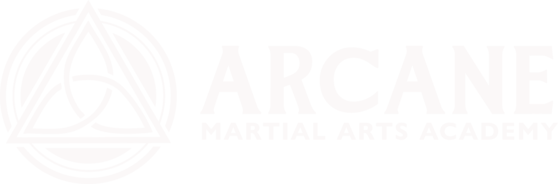 Logo for Arcane Martial Arts Academy featuring a white triquetra symbol inside a circle next to the academy's name.