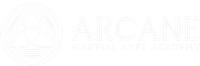 Logo for Arcane Martial Arts Academy featuring a white triquetra symbol inside a circle next to the academy's name.