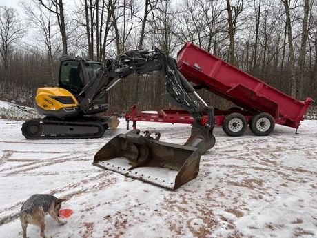 A dog is standing next to an excavator and dump truck in the snow.