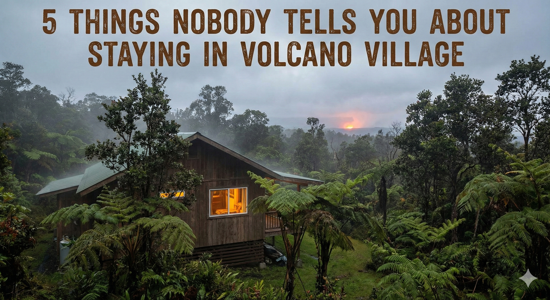Cabin in lush, green forest lit by window, title: 