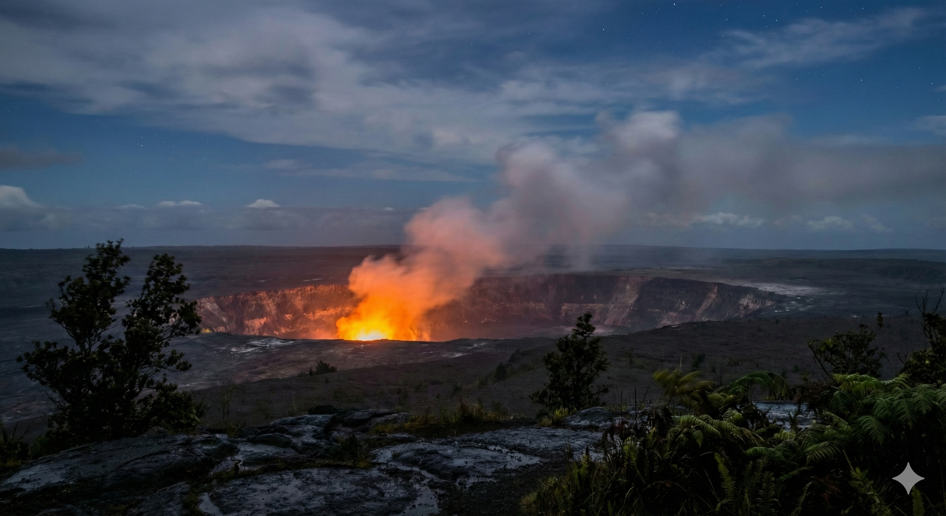 Kilauea crater glowing orange at night with smoke plume, framed by lava rock and ferns in Volcano HI