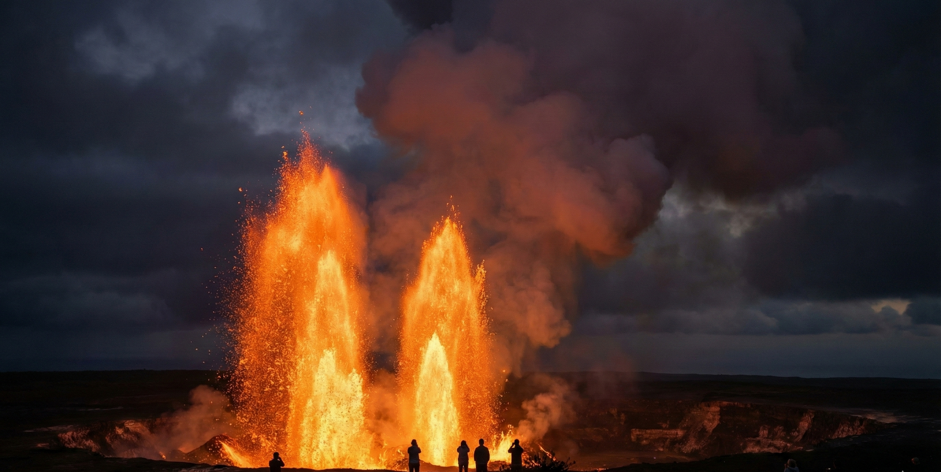 Lava fountains erupting from a volcanic crater at dusk. Silhouetted figures watch the fiery display under a dark, cloudy sky.