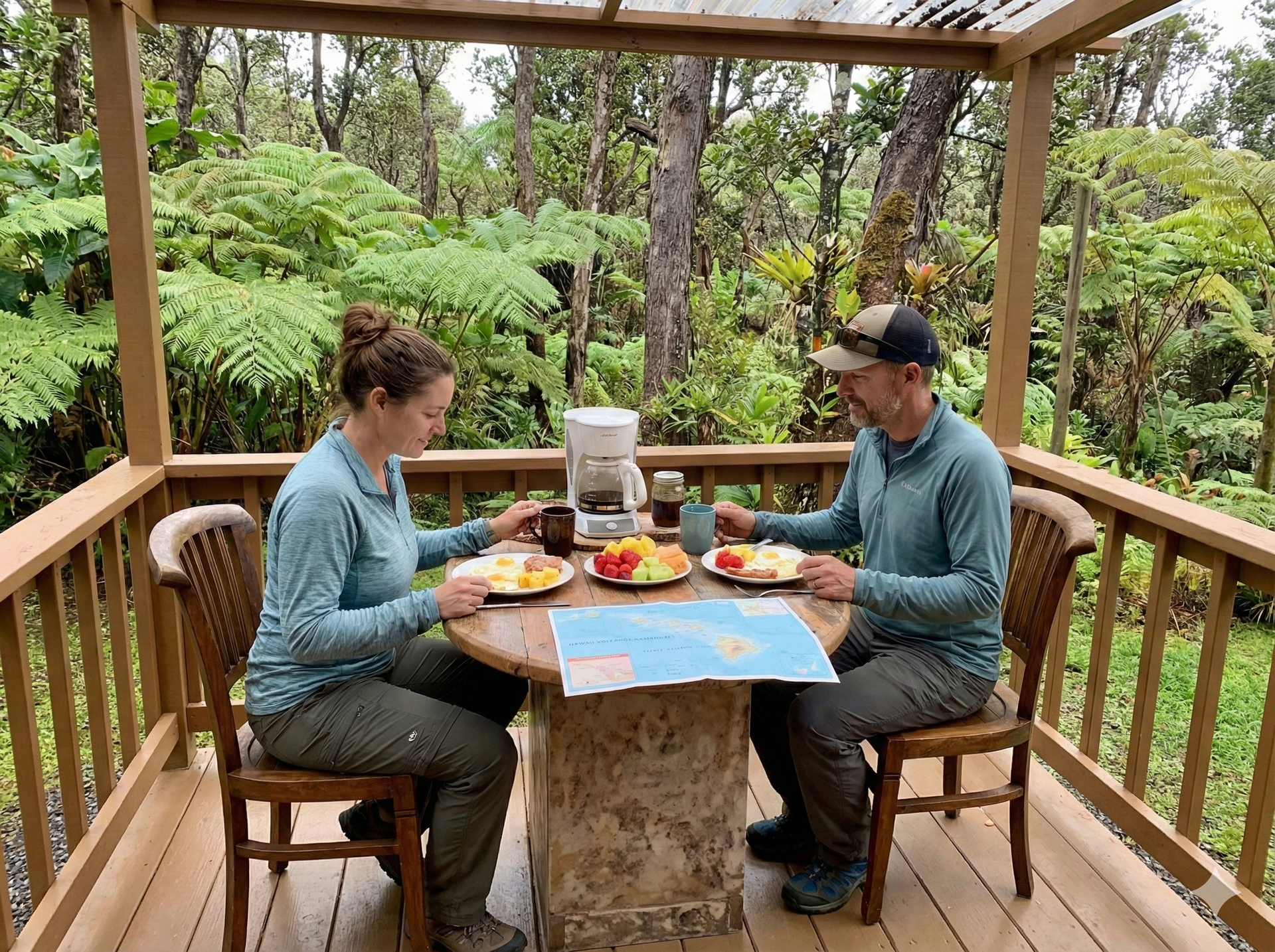 A couple enjoys a private meal on a rainforest lanai at Aloha Crater Lodge.